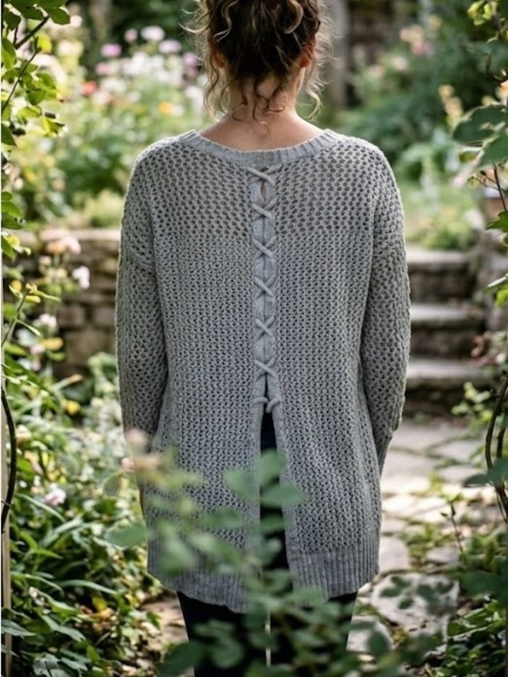 Lucky Brand Gray Open Knit Crochet Sweater Lace-Up Back Boho Cottagecore Size S